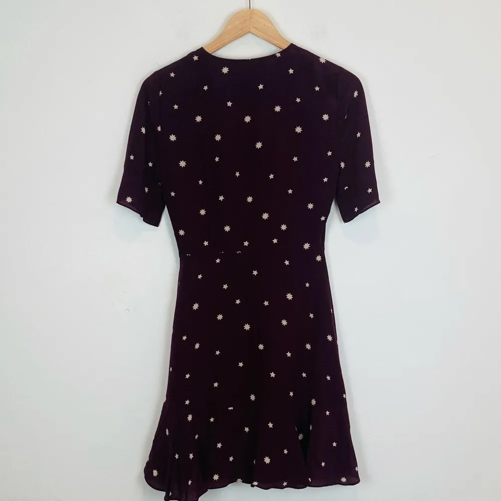 Madewell star print deep burgundy red silk dress with faux wrap neckline.Size 00 - Image 3