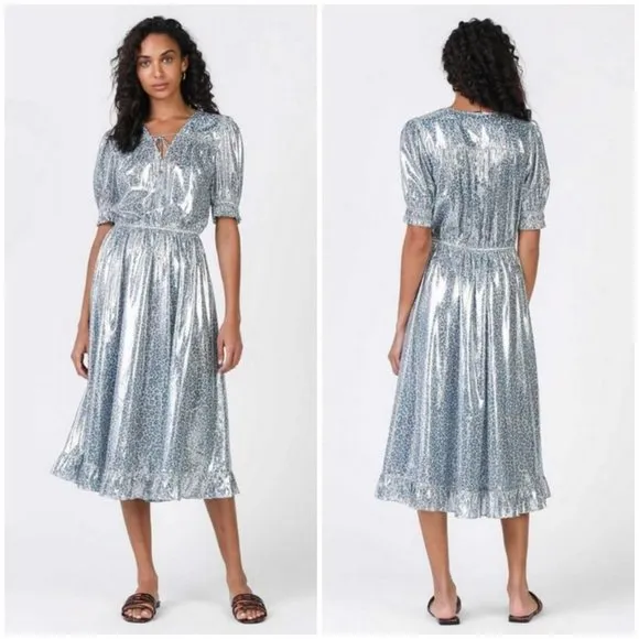 💕CURRENT AIR💕 Metallic Shine Midi Dress Shiny Blue Leopard Print Medium M NWT - Image 2