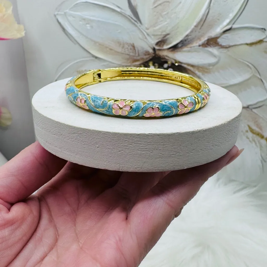 Cotton Candy Blue & Pink Flower Enamel Cloisonne Bracelet Bangle - Image 4