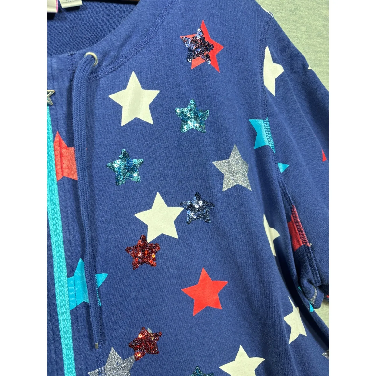 Quacker Factory Womens 3X Blue Star Sequin Zip Front Short Sleeve Top Patriotic - Image 3