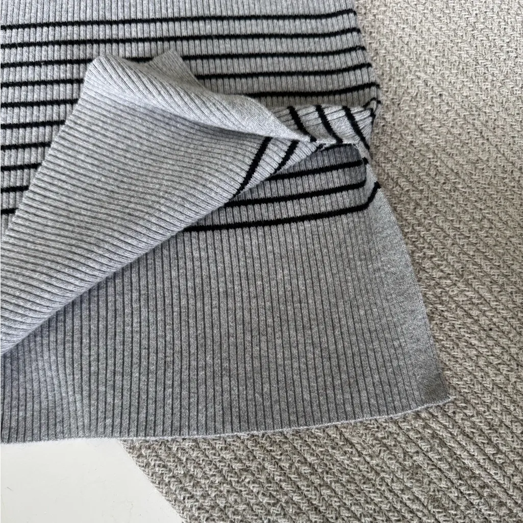 GAP Gray Black Striped Ribbed Stretch Knit Crewneck Long Sleeve Dress Sz Medium - Image 7