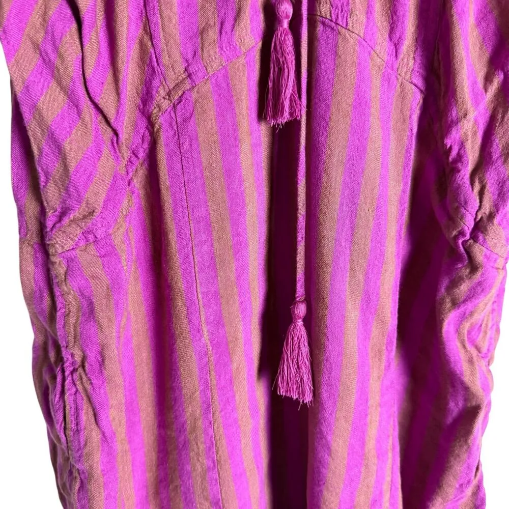 Free People Folk Town Striped Linen Tassel Tie Mini Dress in Orchid Combo Size S - Image 7