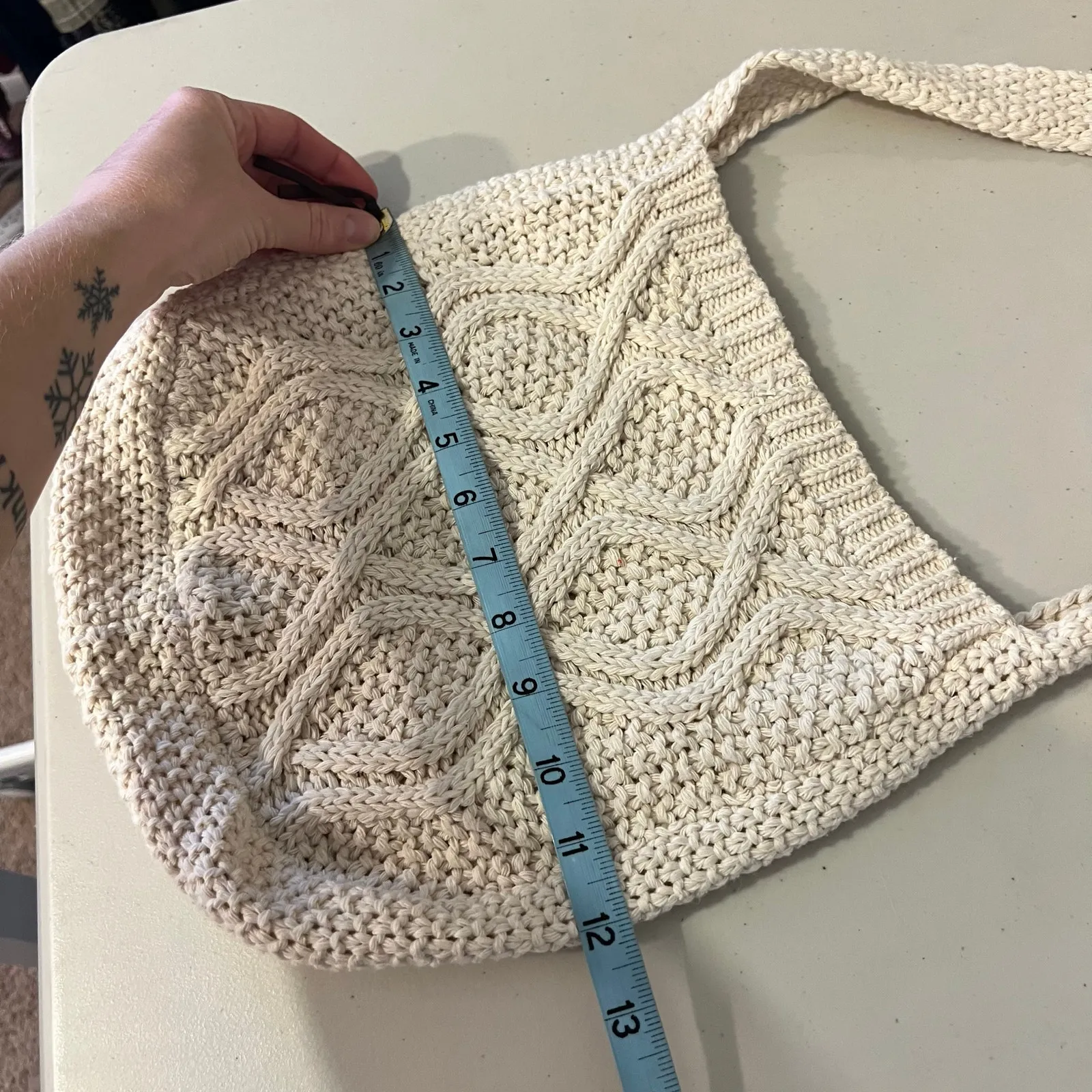 Cream Woven Soft Knit Shoulder Tote Medium Market Book Bag White - Image 10