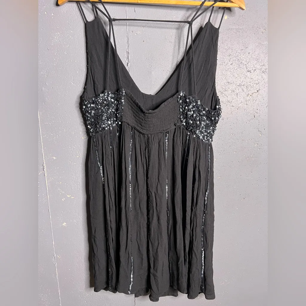 Free People Girl Glitter Mini Slip Embellished Black Dress Medium - Image 6
