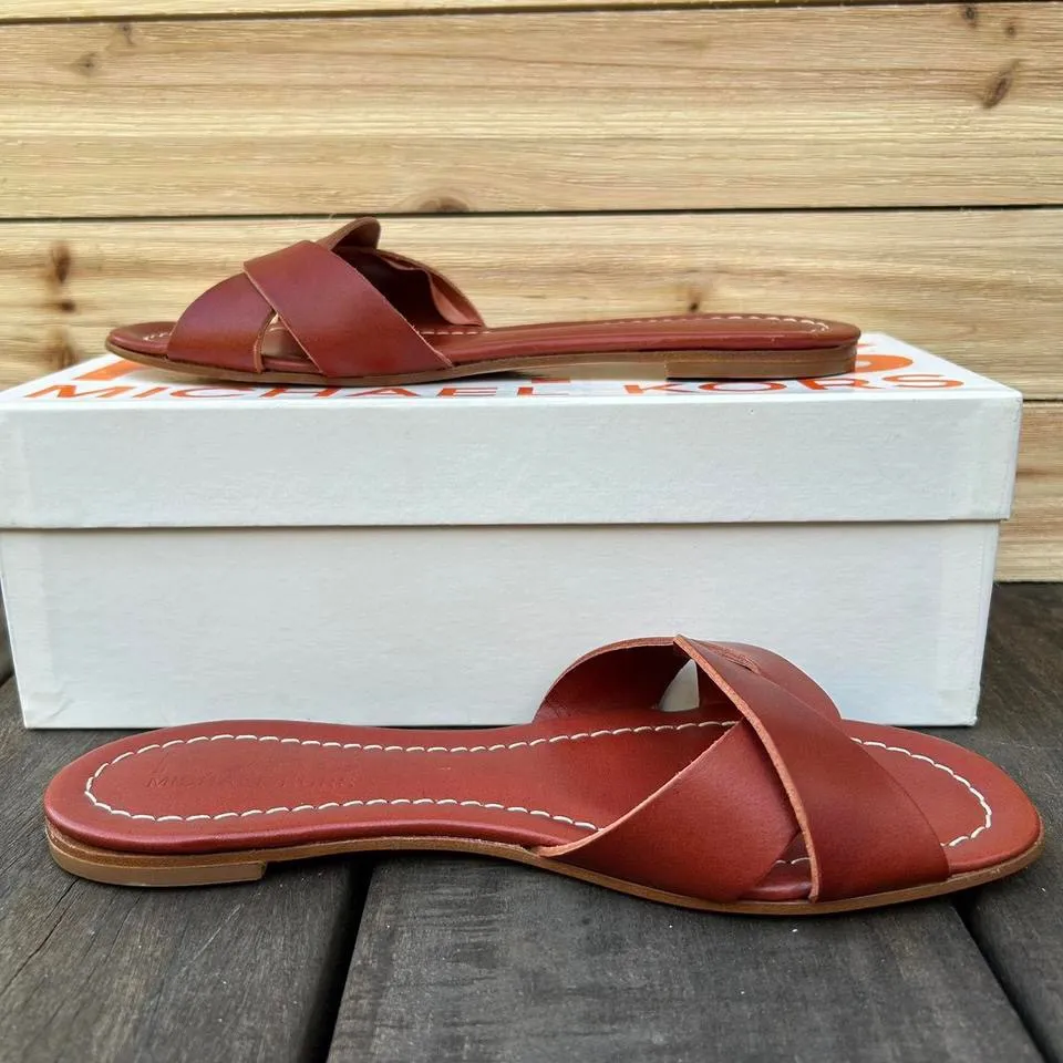 Tan Brown Chestnut Michael Kors Leather Sandals Gypsy Sienna Vacchetta w/ Box - Image 4