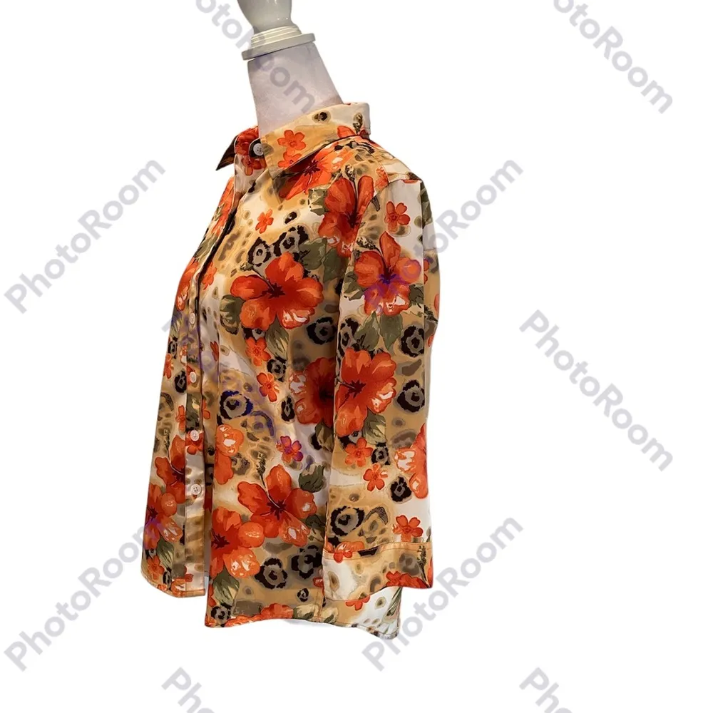 Orange Yellow Green Cream Black Abstract Floral Print Blouse - Image 4