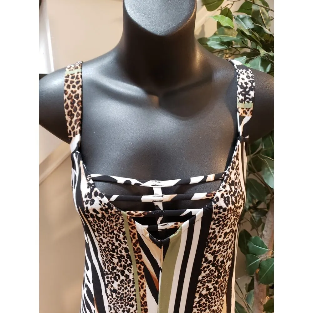 Women's Jumpsuit Multicolor Animal Print Strapless Flared Leg Cutout V XL Black - Image 13