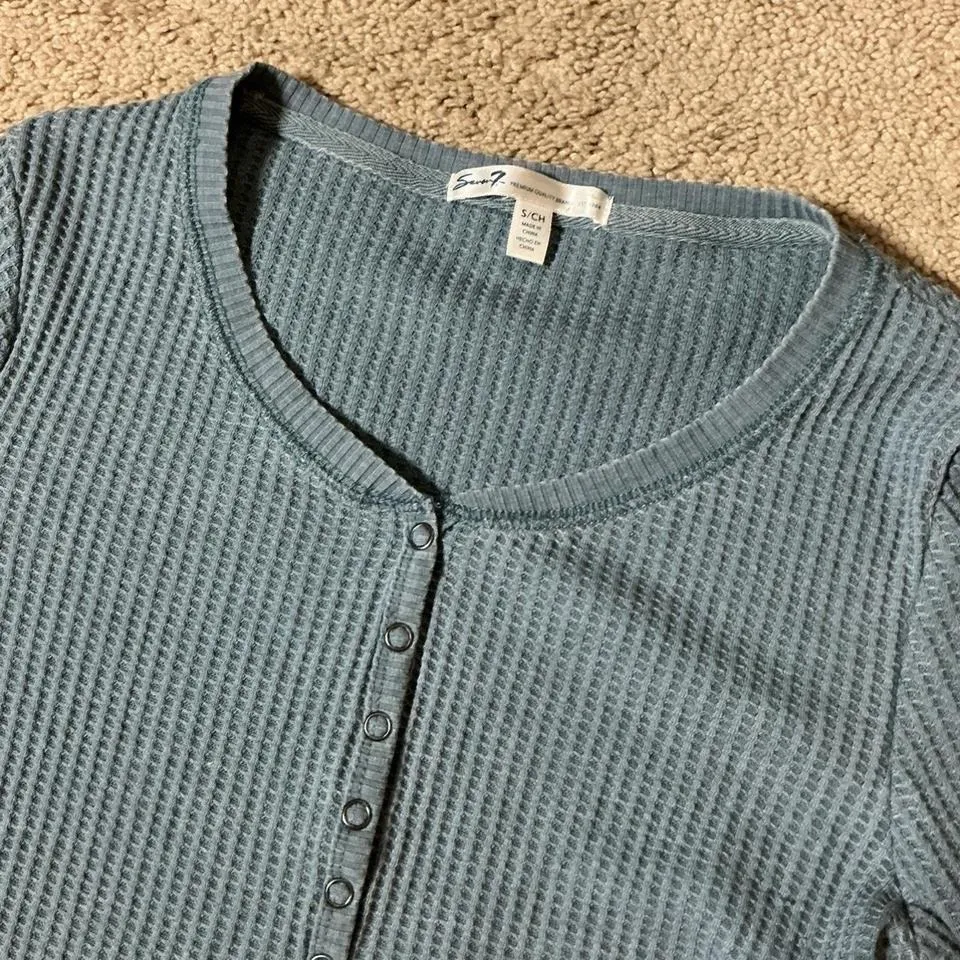 Seven Seven Waffle Knit Henley Long Sleeve Top Blue S - Image 2