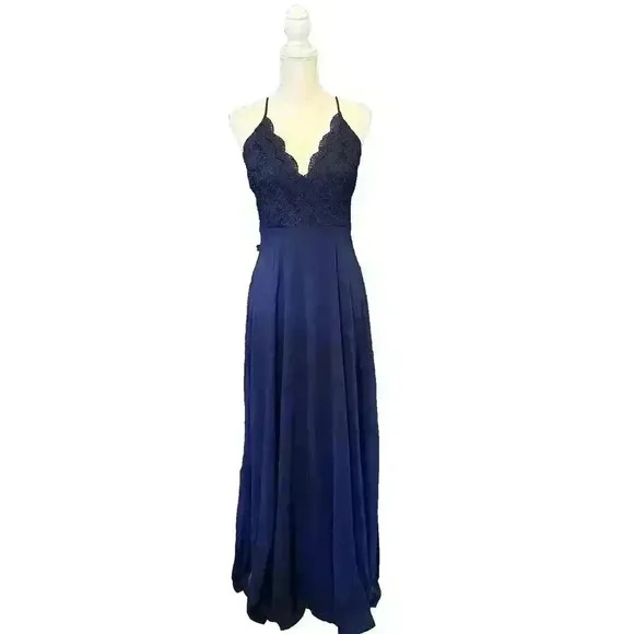 Lulus Womens Blue Madalyn V-Neck Lace & Chiffon Full Length A-Line Gown Medium - Image 2