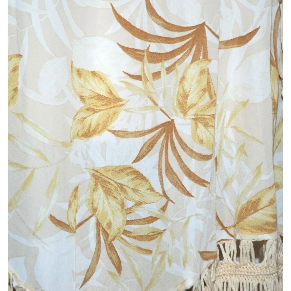 Kontrol Cream Cover Up Cardigan Size L Crochet Trim & Fringe Palm Print Beach - Image 9