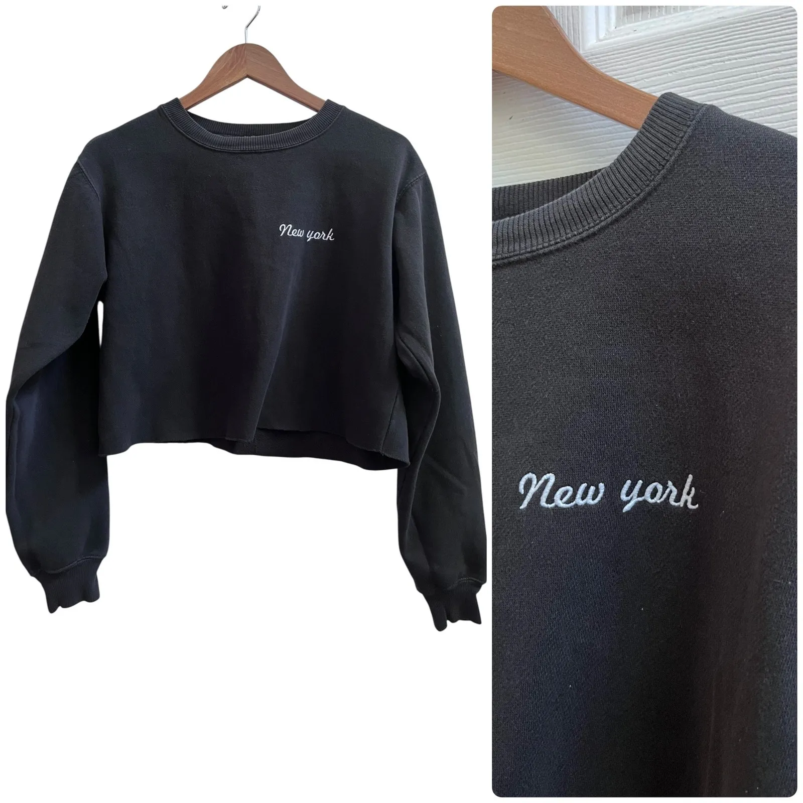 John Galt Black Wash New York Embroidery Pullover Crop Sweater Small Casual - Image 2