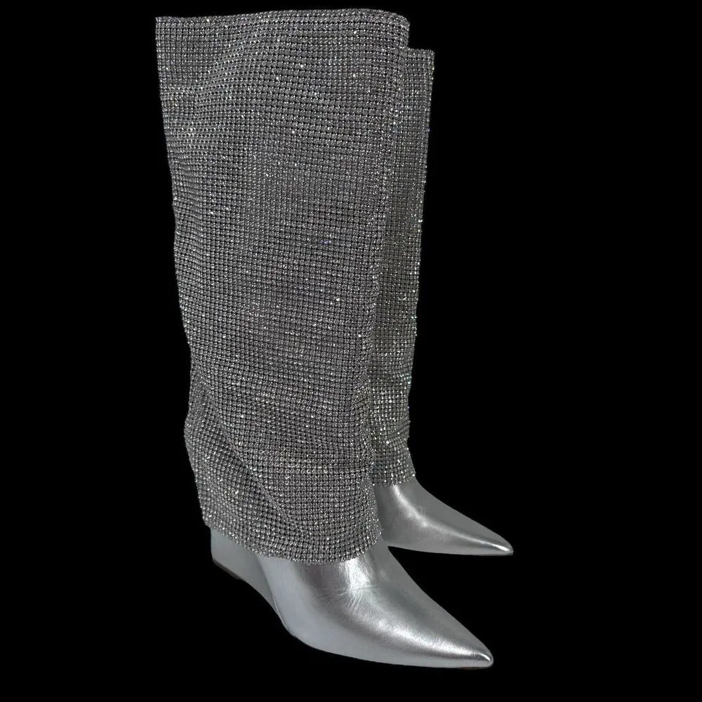 Steve Madden Size 5.5 M Riski Wedge Rhinestone Boot Silver Embellished Crystal‎ - Image 9
