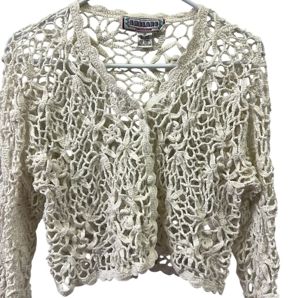 Vtg 80s Amilano Collection Cream Open Floral Crochet Knit Button Up Cardigan M White Size M - Image 4