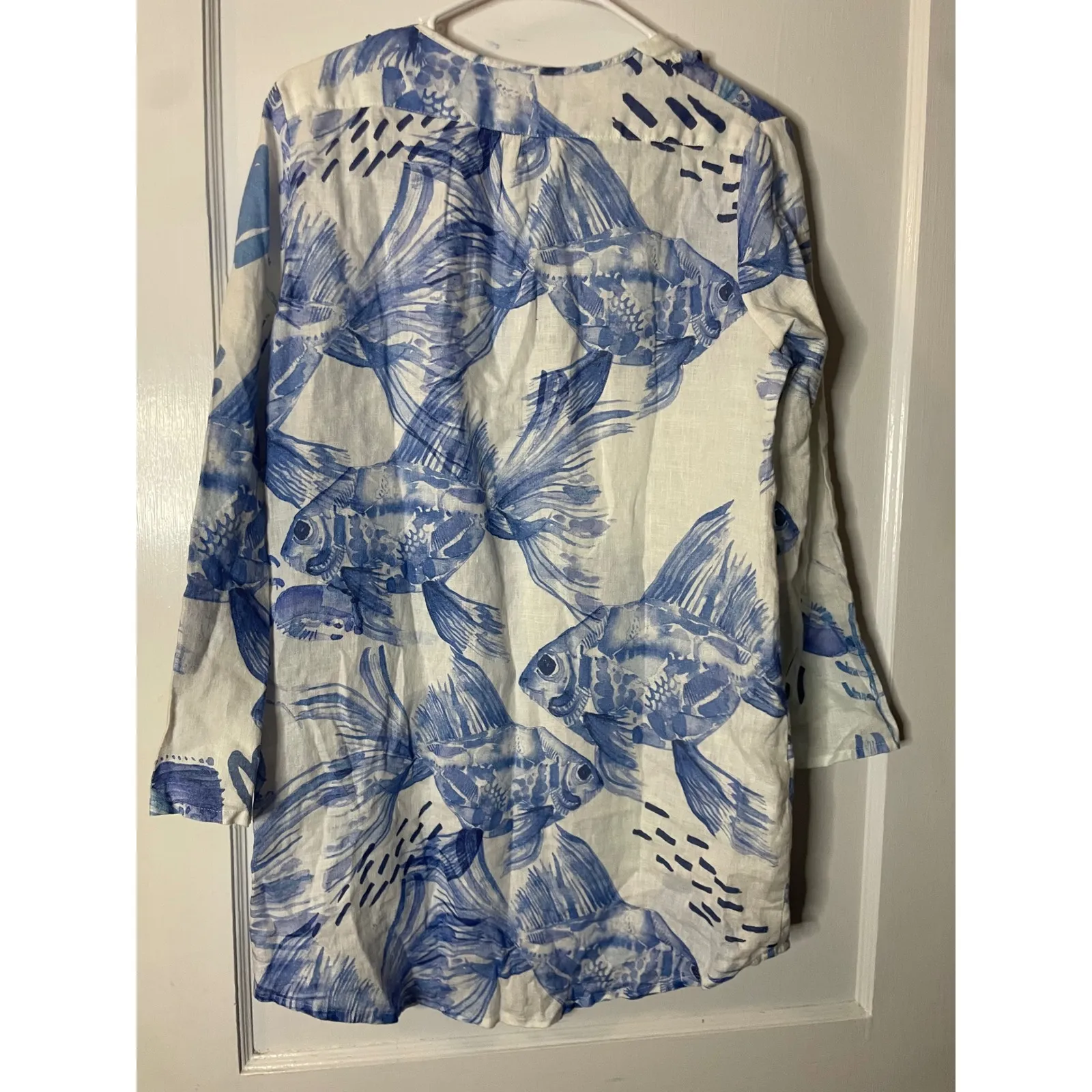 VILA GALLO Women's Blue Fish Print Linen Tunic Dress Cover Up Size 42 Medium M - Image 4