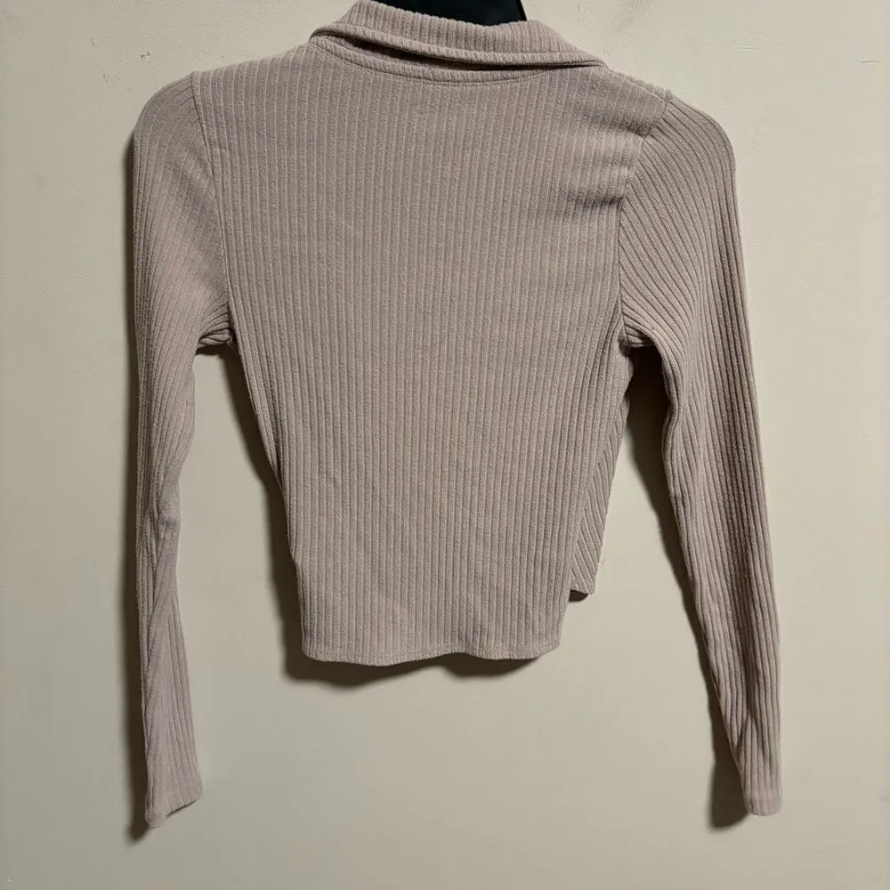 Abercrombie & Fitch Crop Top Sweater V Neck Ribbed Long Sleeve Brown Tan Small - Image 2