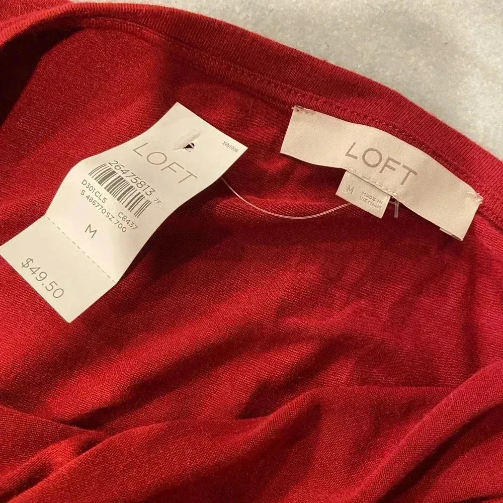 NWT Loft Red Ruffle Cuff Sheer Sleeve Scoop Neck Knit Pullover Top Blouse Size M - Image 9