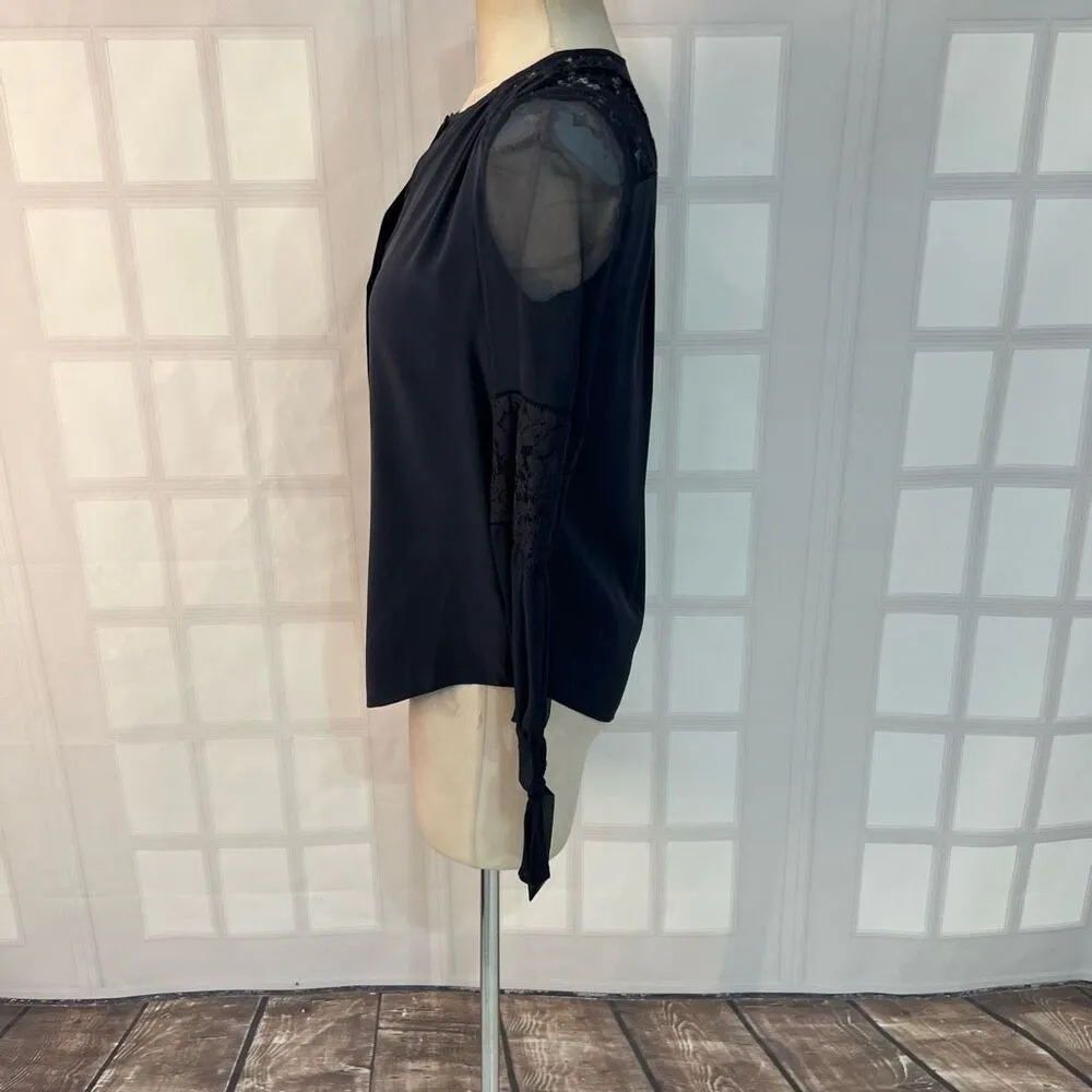 Rebecca Taylor Navy Sarah Tie-Cuff Lace-Trim Silk Crew Neck Long Sleeve Top Sz 0 - Image 8