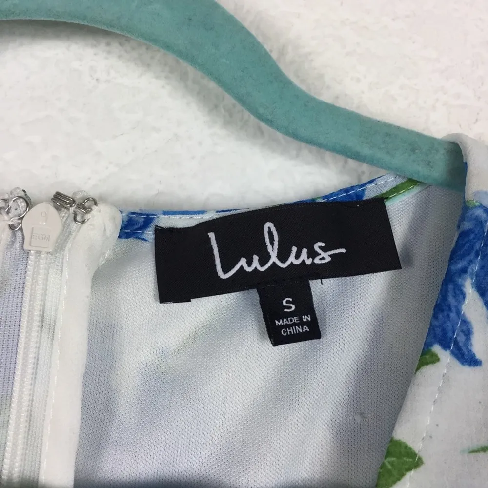 Lulus Glorious White and Light Blue Floral Print Ruffled Aline Mini Dress Small - Image 5