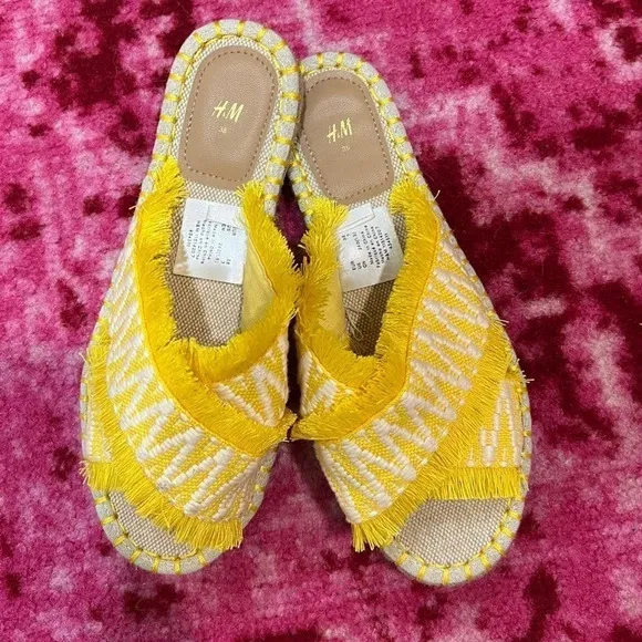 H&M sandals espadrilles criss cross fringe slides yellow embroidered flats - Image 2