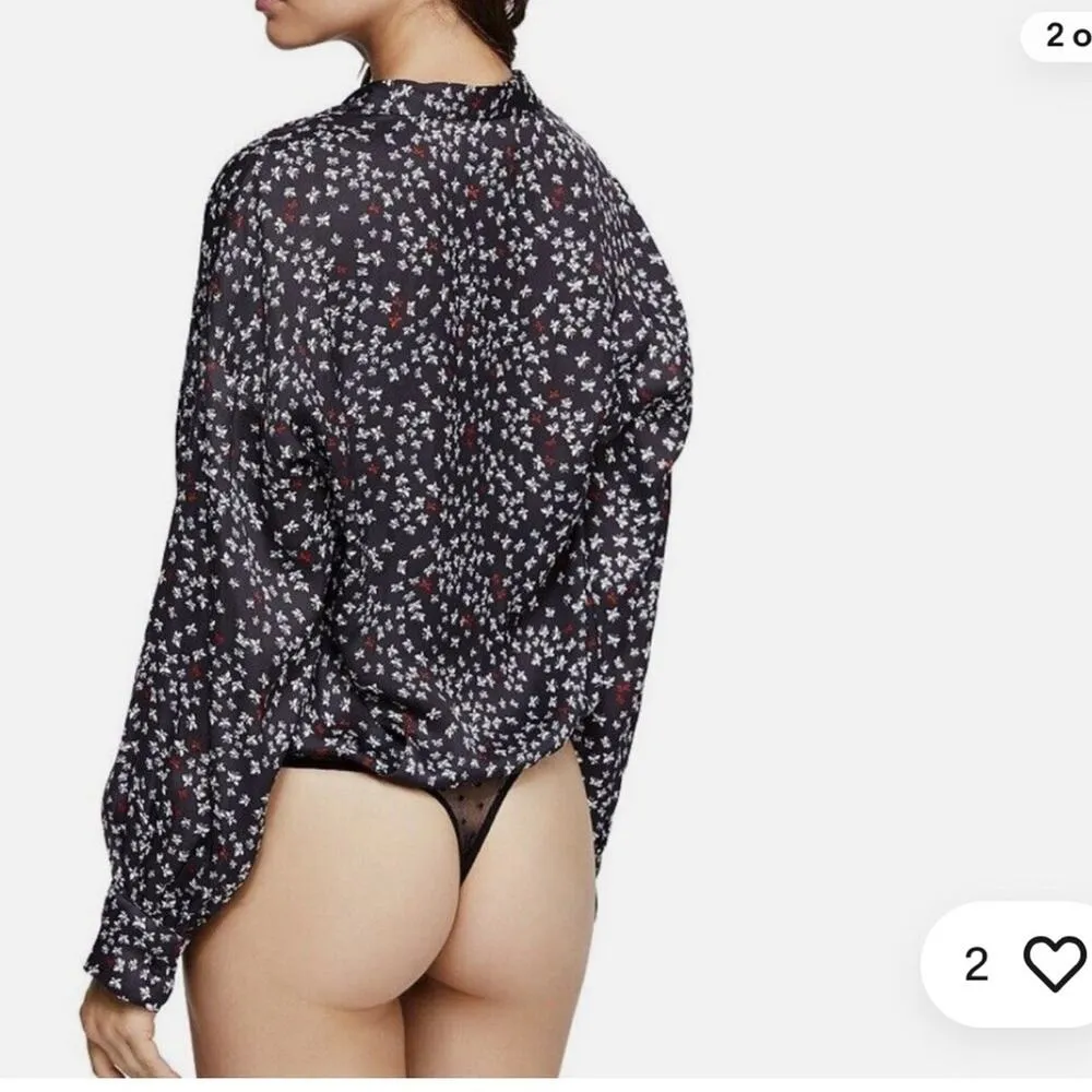 Free People Long Sleeve Bodysuit Ladylike Printed Black/Red Small New - Image 2