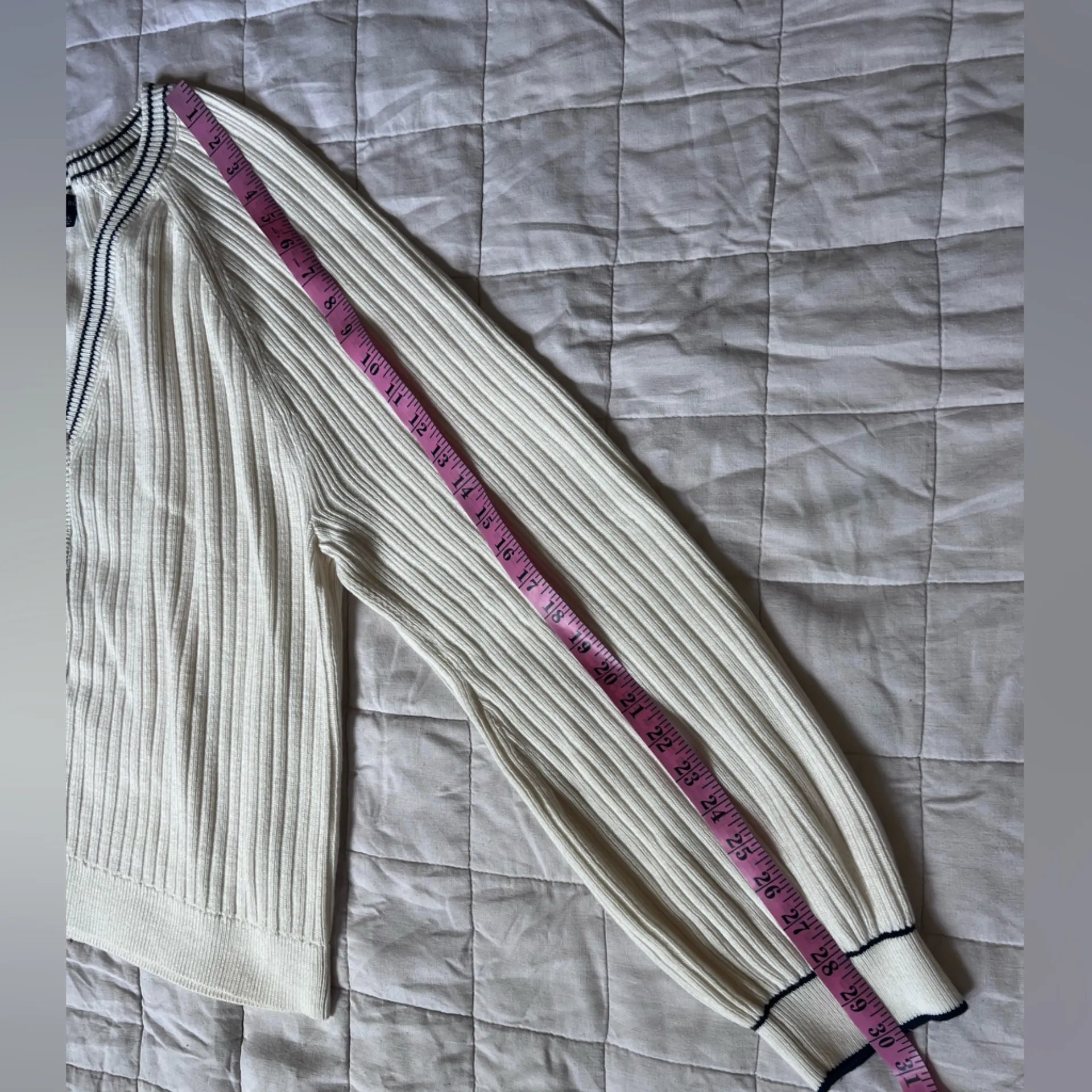 Talbots Cream Navy Trim V Neck Rib Knit Cardigan Sweater Old Money Preppy - XL - Image 7