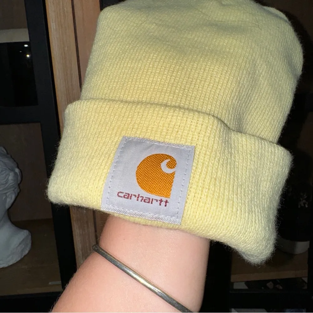 Carhartt WIP beanie hat logo patch unisex knit foldover acrylic limoncello watch Yellow - Image 4
