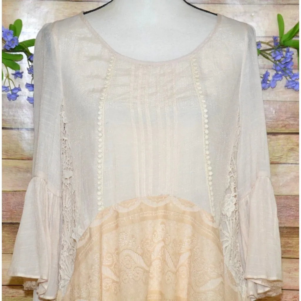 Ryu Ladies S Cream Lace Trim Blouse 3/4 Bell Sleeves Tunic Boho Fairy Cottage - Image 2