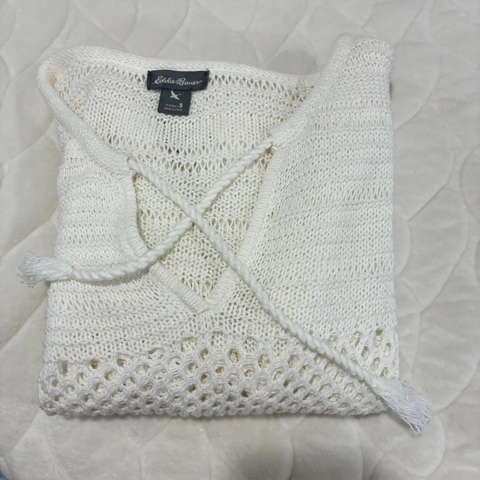 Eddie Bauer Knit Tunic Top Crochet V Neck Long Sleeve Cotton Sweater Small‎ - Image 4