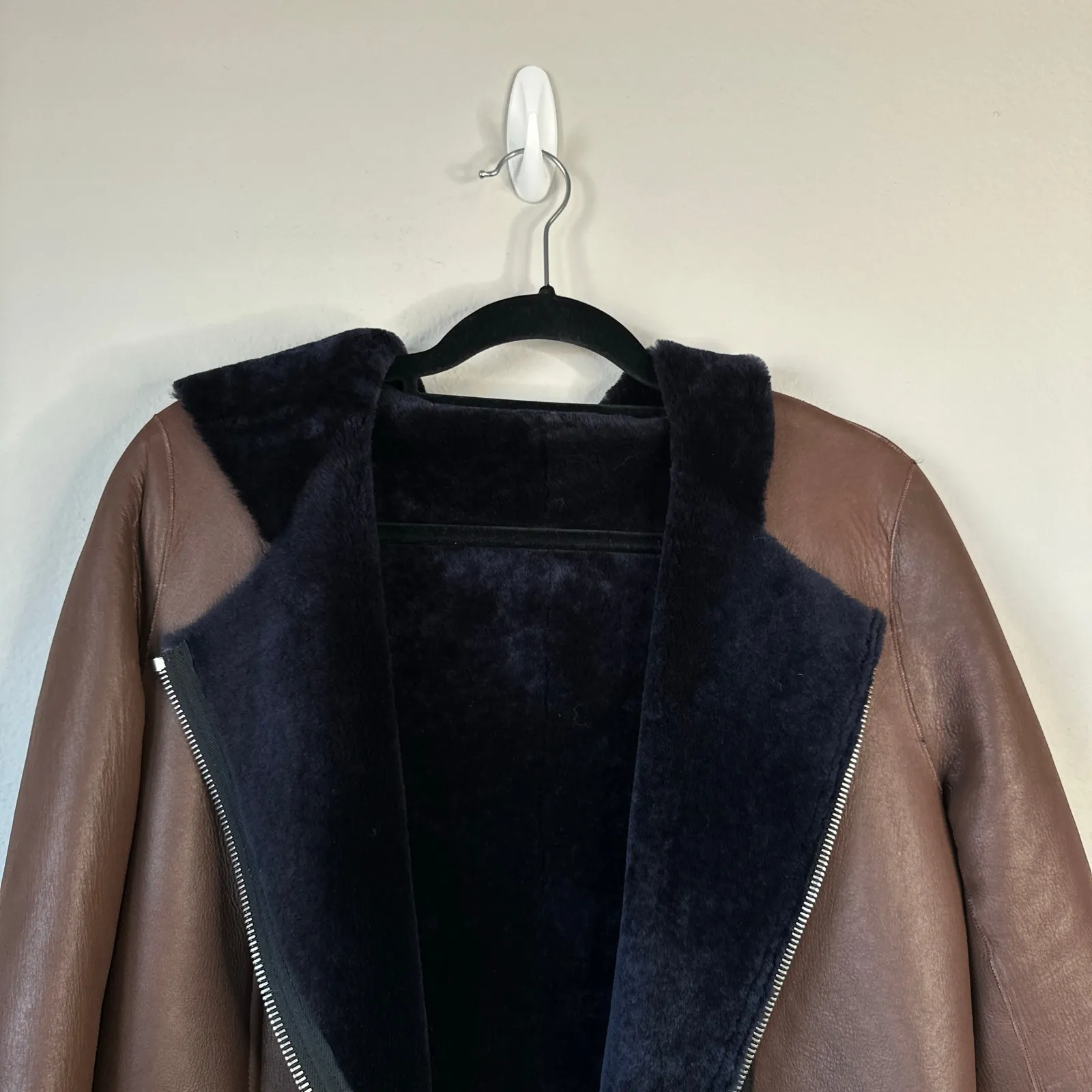 SANDRO Long Lamb Leather Shearling Coat Reversible Size Medium Brown Luxury Moto - Image 5