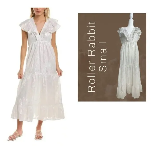 Roller Rabbit S Ondine Metallic Silver Ruffle Sleeve Midi Dress White READ DESCR - Image 2