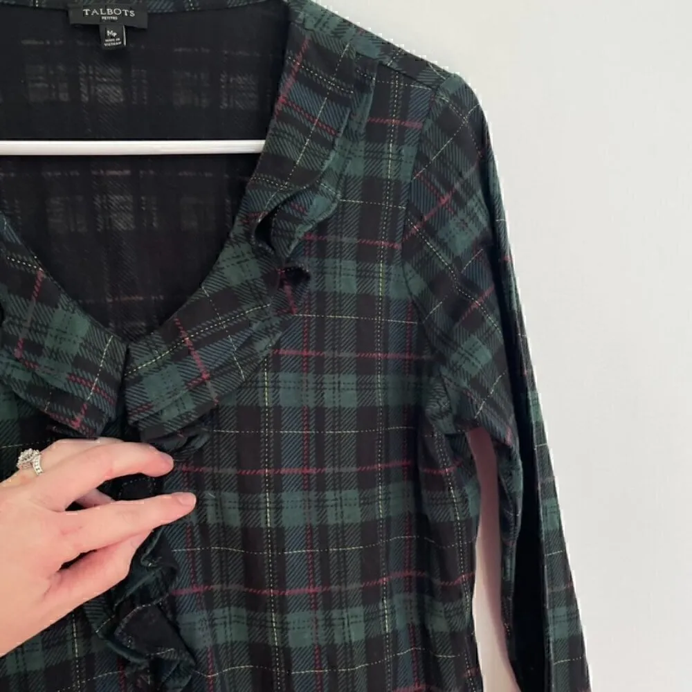 TALBOTS Petites Tartan Ruffled Top Green Black Plaid Ruffle 3/4 Sleeve PETITE M - Image 7