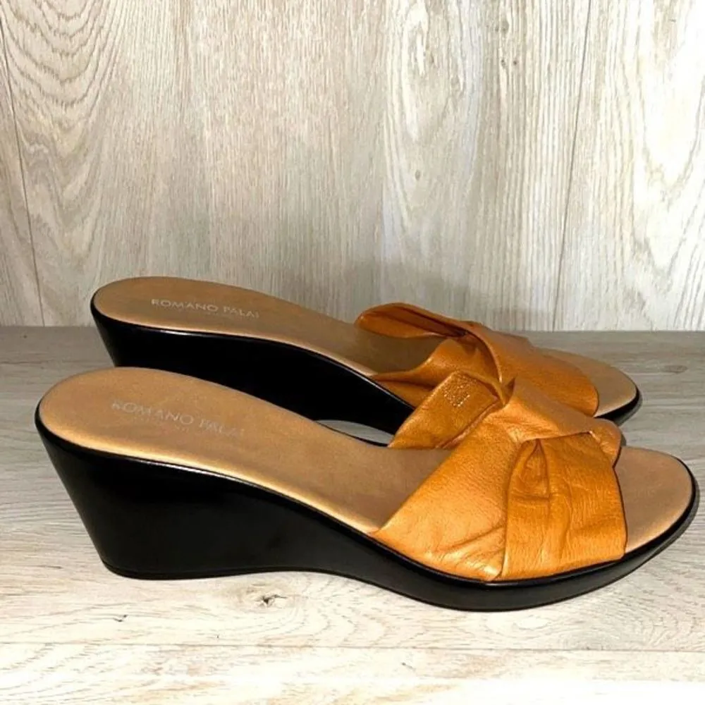 Romano Palai Womens Leather Wedge Sandals Slip On Open Toe Yellow Gold Size 10M‎ - Image 3
