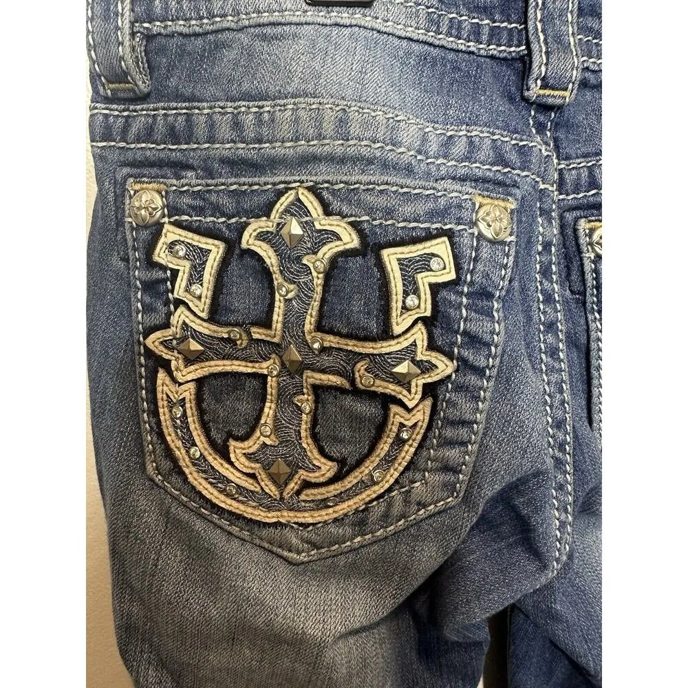 Miss Me Jeans Women 26 X 32 Signature Straight Bling Cross Horseshoe Pockets Low - Image 4