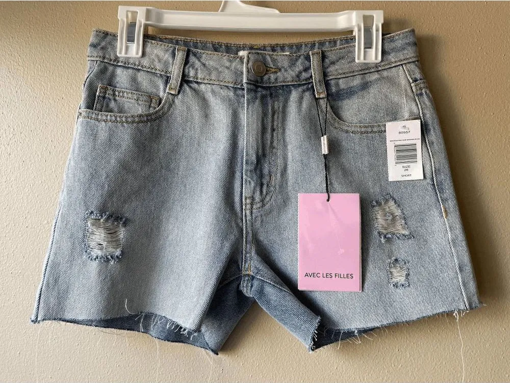 Avec Les Filles Denim Short in Destructed Sun Washed Blue Women's Size 26 - Image 1
