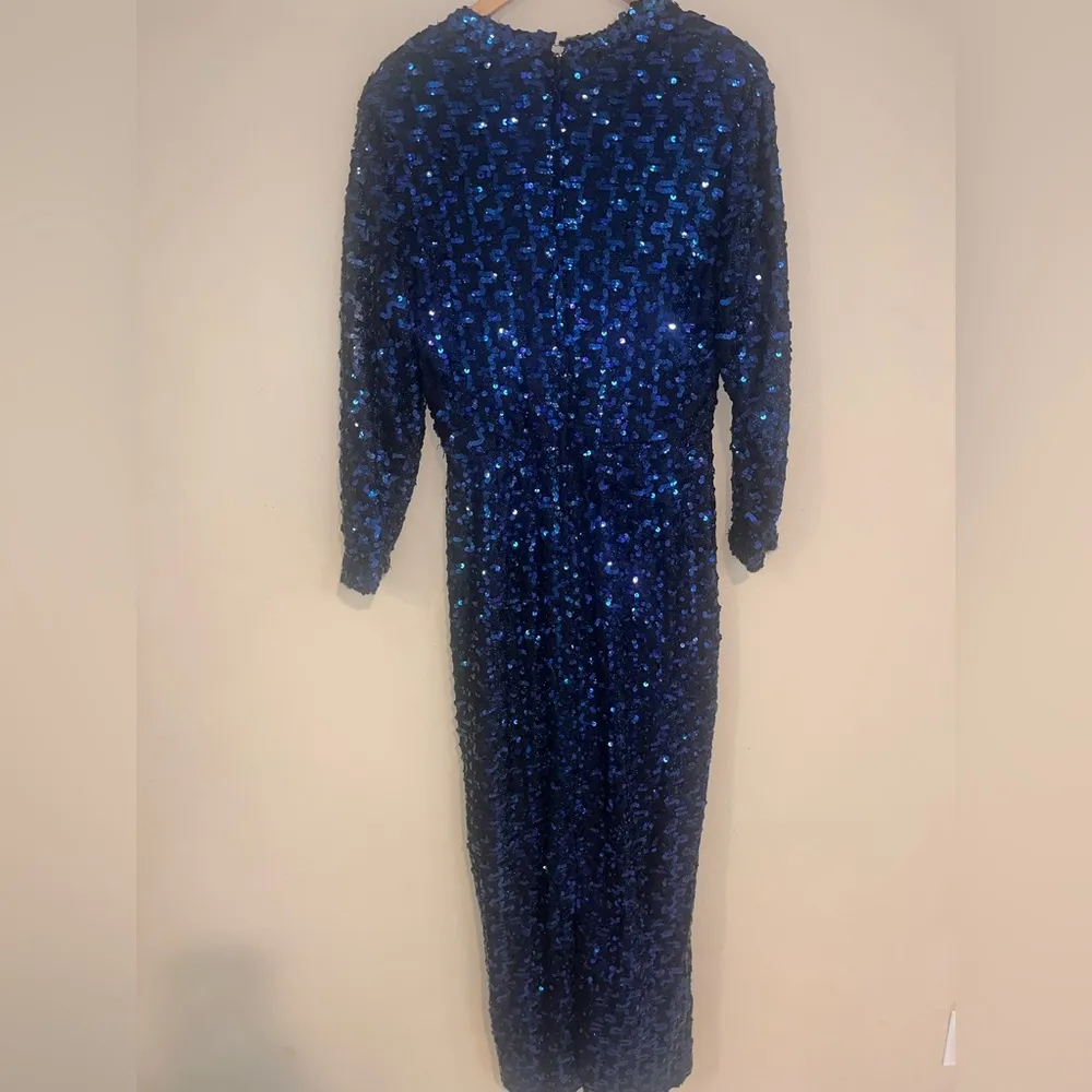 Lilli Diamond Original 60s 70s TRUE VINTAGE Blue Maxi Sequin Dress Long Sleeve L Size L - Image 7