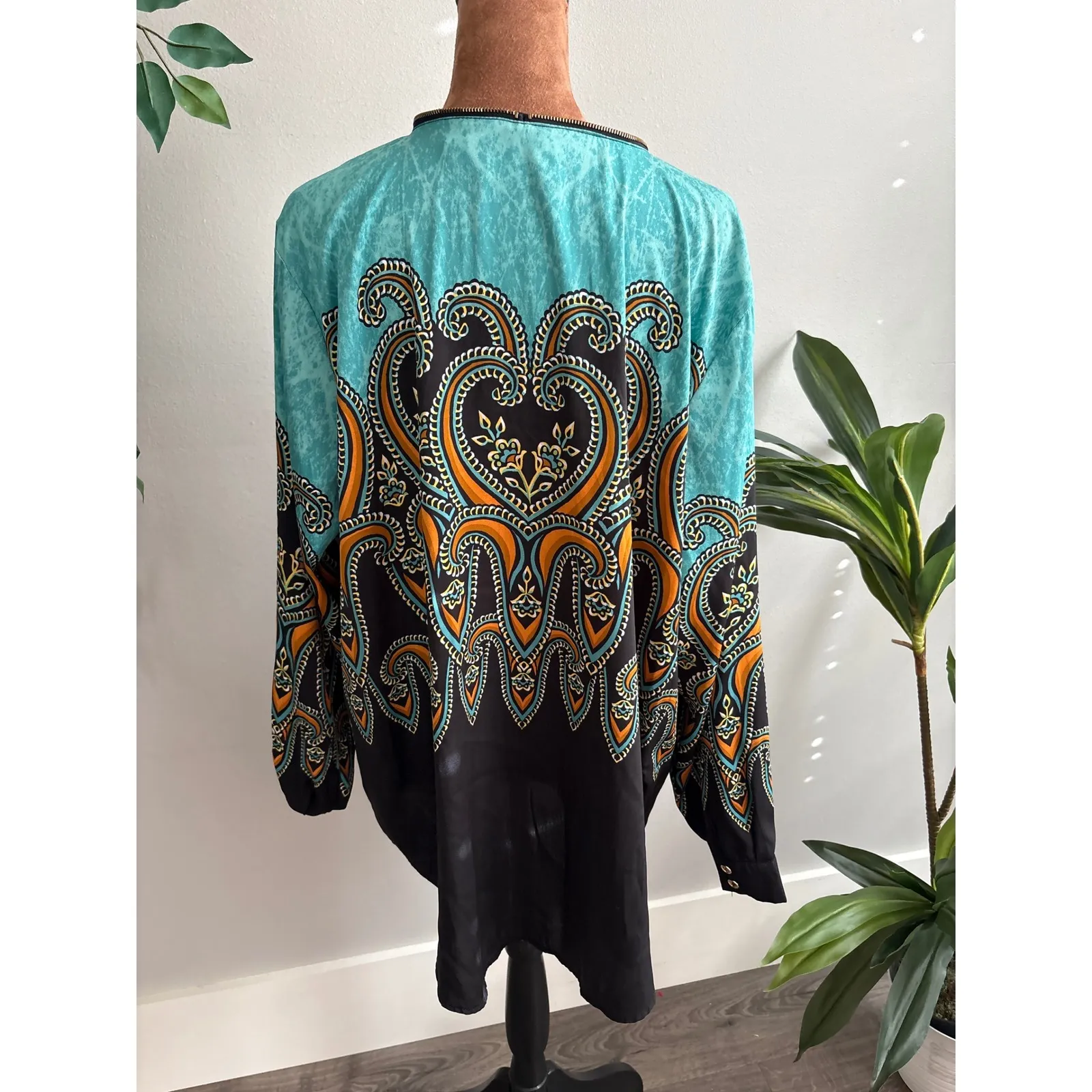 Vintage 80s Bob Mackie Wearable Art Turquoise Paisley Print Zipper Tunic Top 1X - Image 3