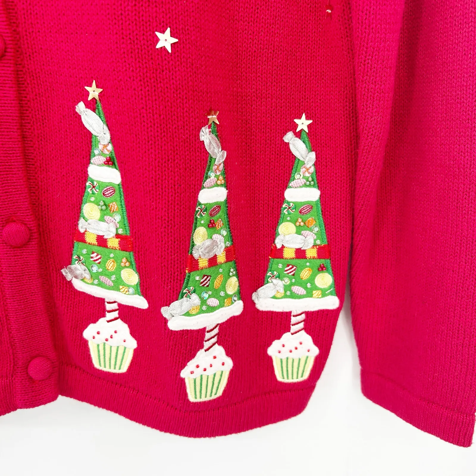 Bechamel Womens VTG Vintage Christmas Tree Ugly Christmas Cardigan Sweater L Red Size L - Image 2