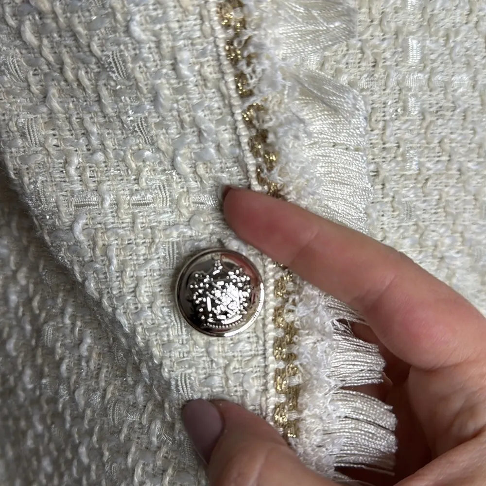 Trixxi Sleeveless Tweed Boucle Button Up Fringed Bodycon Mini Dress cream sz XL - Image 7