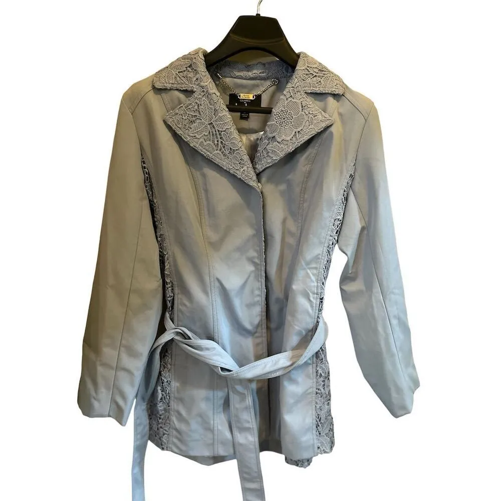 Dennis Basso Women's Gray Lace Trim Belted Water-Resistant Jacket Size M - Image 3