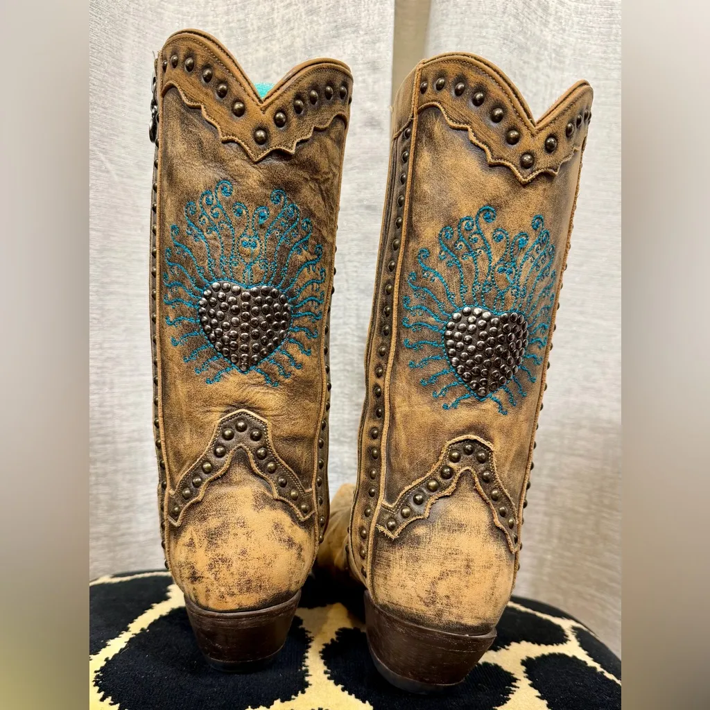 Dan Post DP3441 Distressed Leather Turquoise Heart Cowgirl Boots 6.5M ā Western - Image 7