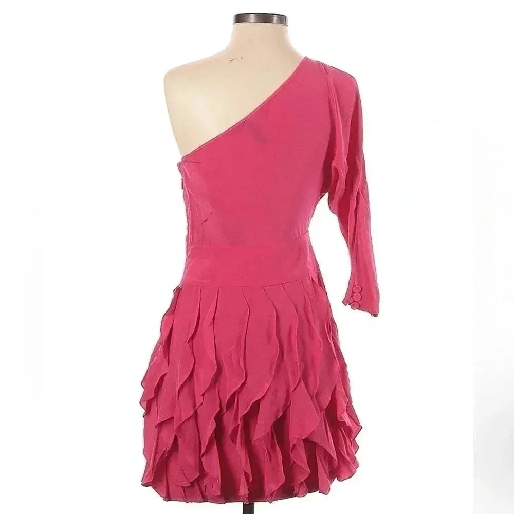 BCBGMAXAZRIA Azalea 100% Silk Pink Ruffle Skirt One Shoulder Party Dress Size 0 - Image 2