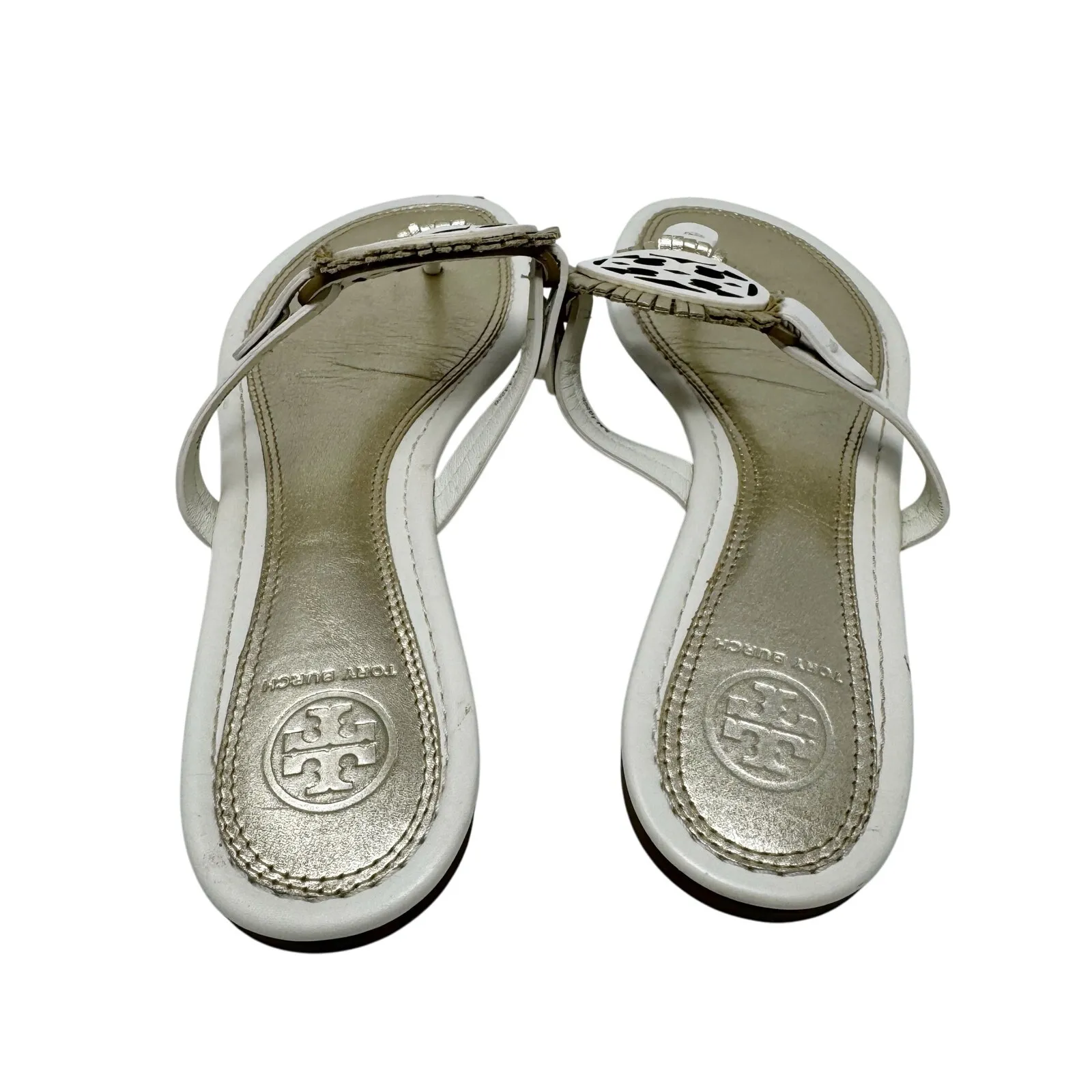 TORY BURCH Metallic Gold Cream Fringe Miller Logo Sandals Flip Flops Size 8 - Image 3