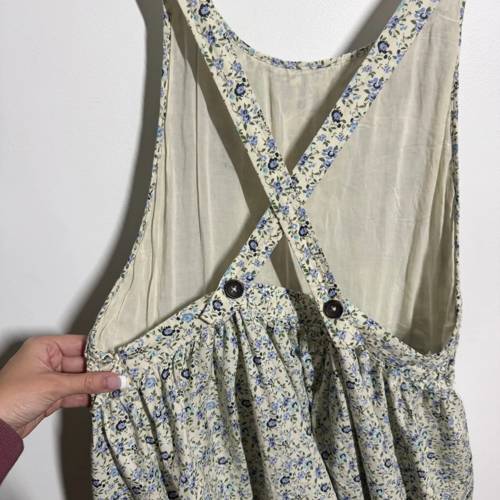 FREE PEOPLE Petunia Pinafore MINI DRESS Tea Combo Floral Women L Cottage Boho - Image 6