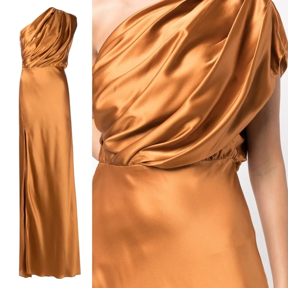 Michelle Mason Asymmetrical Open Back Draped Gown in Copper - Image 4