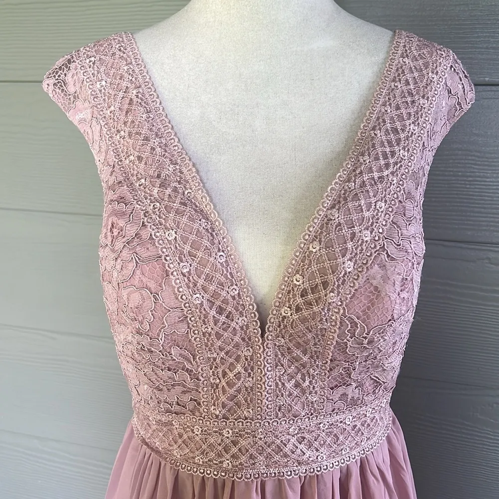 JJ’s House A-line V-Neck Floor-Length Lace Chiffon Bridesmaid Dress - Image 3