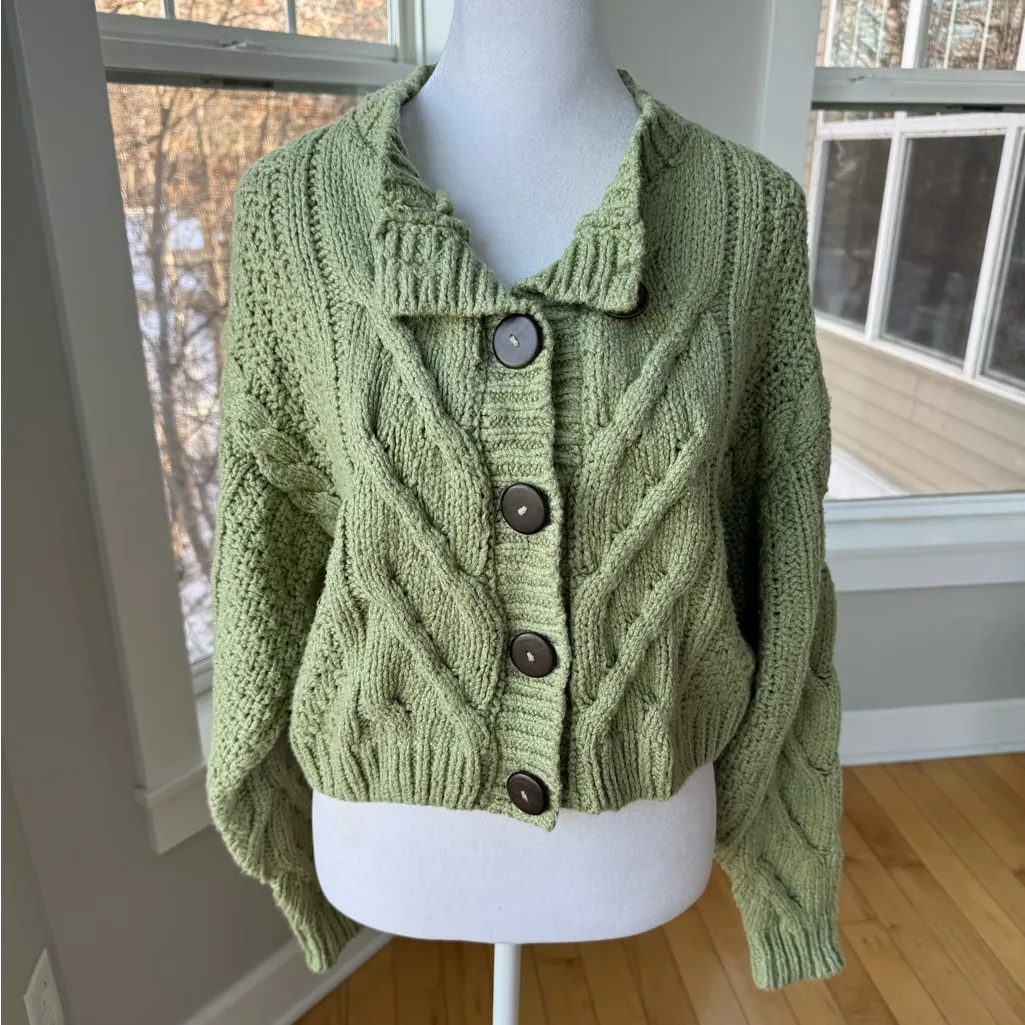 Free People Sage Green Bonfire Chunky Cableknit Cotton Crop Cardigan Small RARE - Image 8