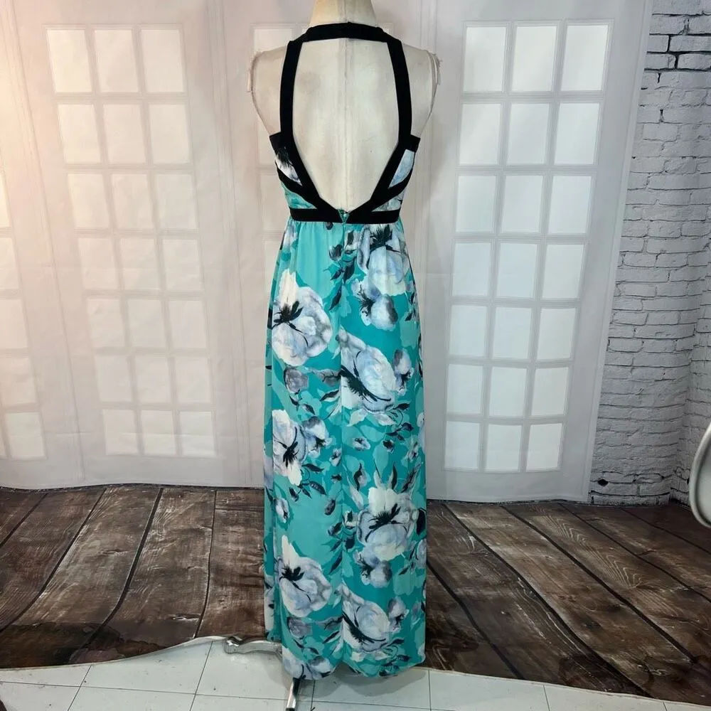 Parker green floral black trim silk blend front slit maxi dress size XS - Image 6