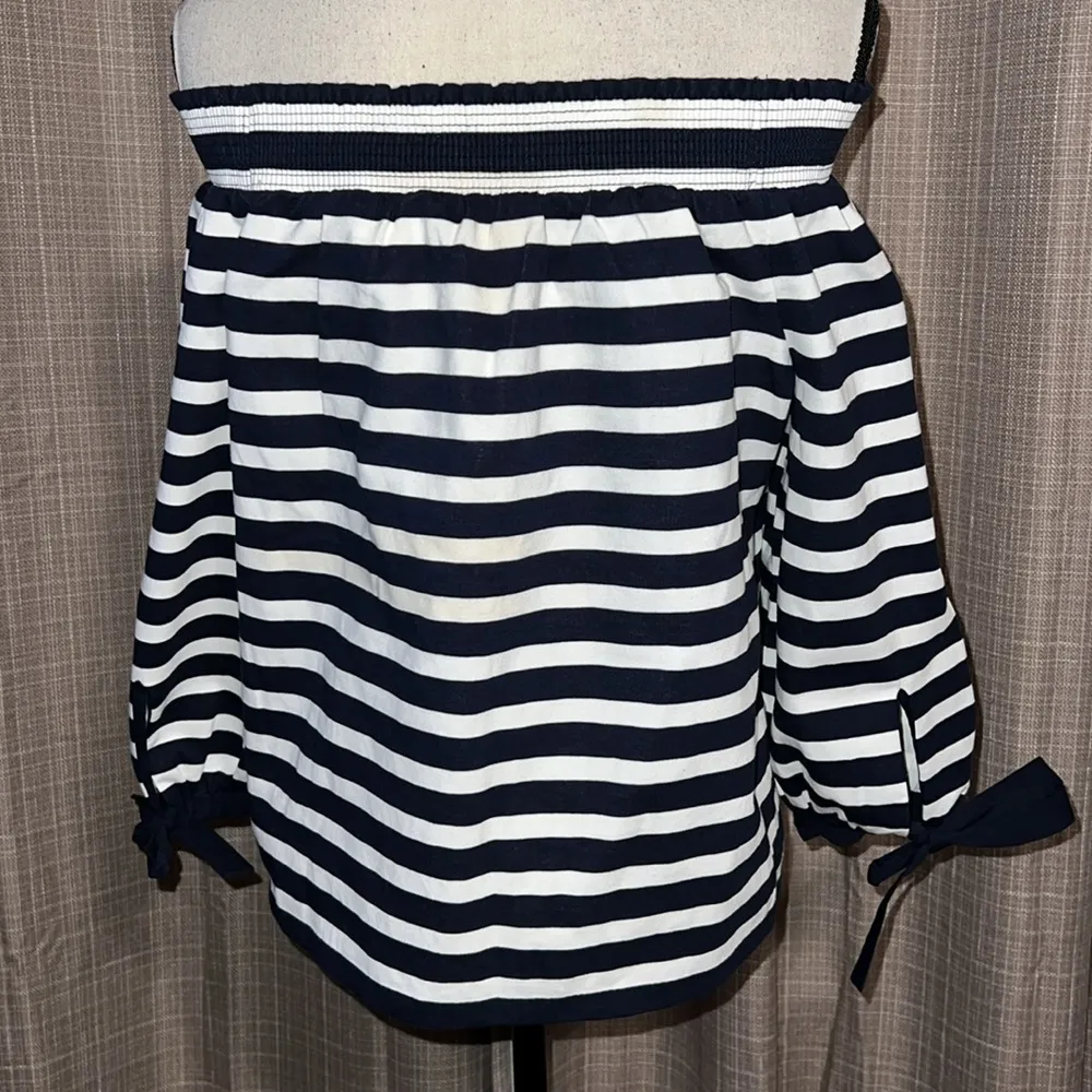 J. CREW women’s medium off the shoulder dark blue stripe top bow sleeve detail - Image 5