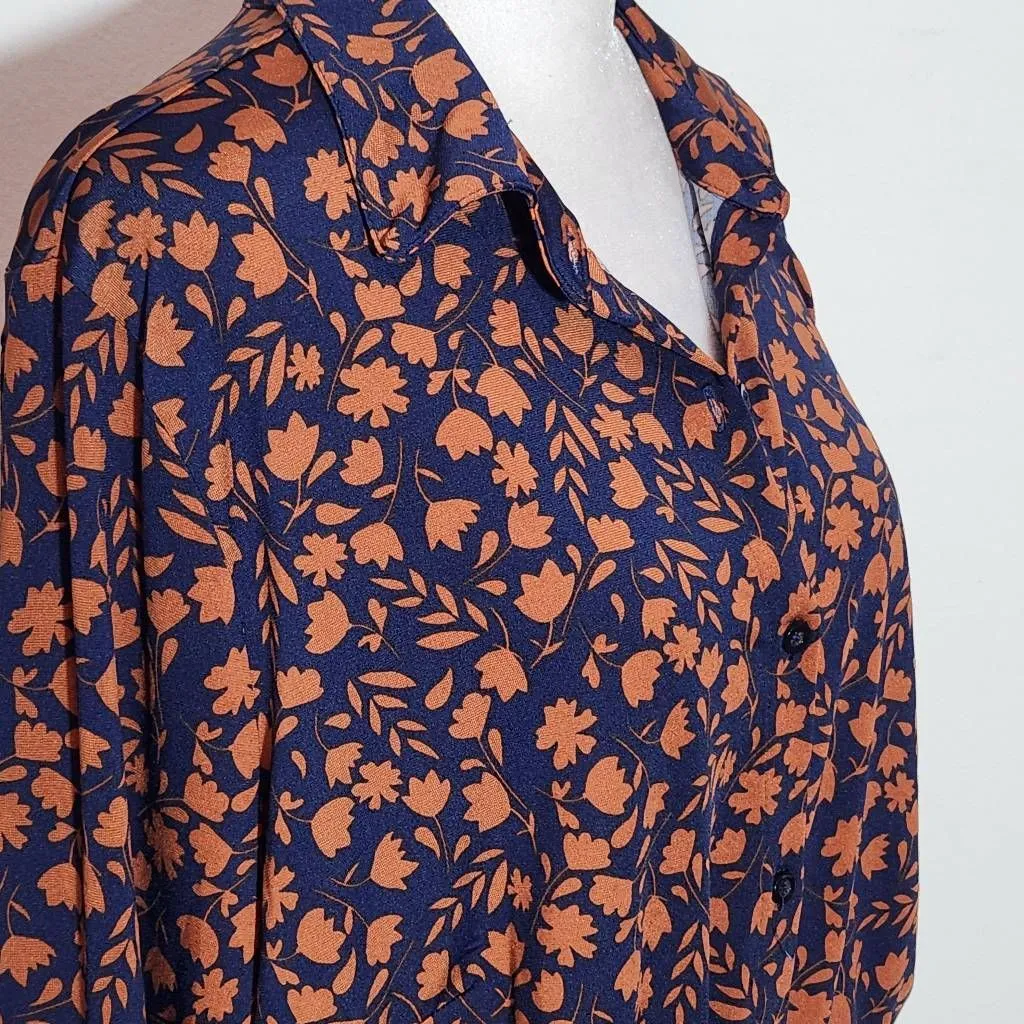 Eloquii Navy and Brown Floral Print Shirt Dress Size 20 Navy Tie-Waist Dress - Image 5