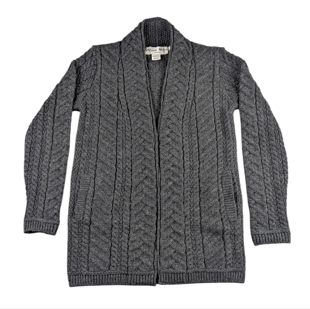 Aran Mór Irish Merino Wool Cable Knit Cardigan Made in Ireland F350 Gray Size M - Image 3